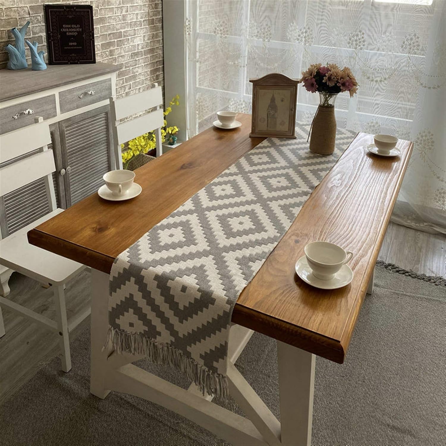 Cozomiz Linen Geometric Table Runner with Tassel Burlap Cover