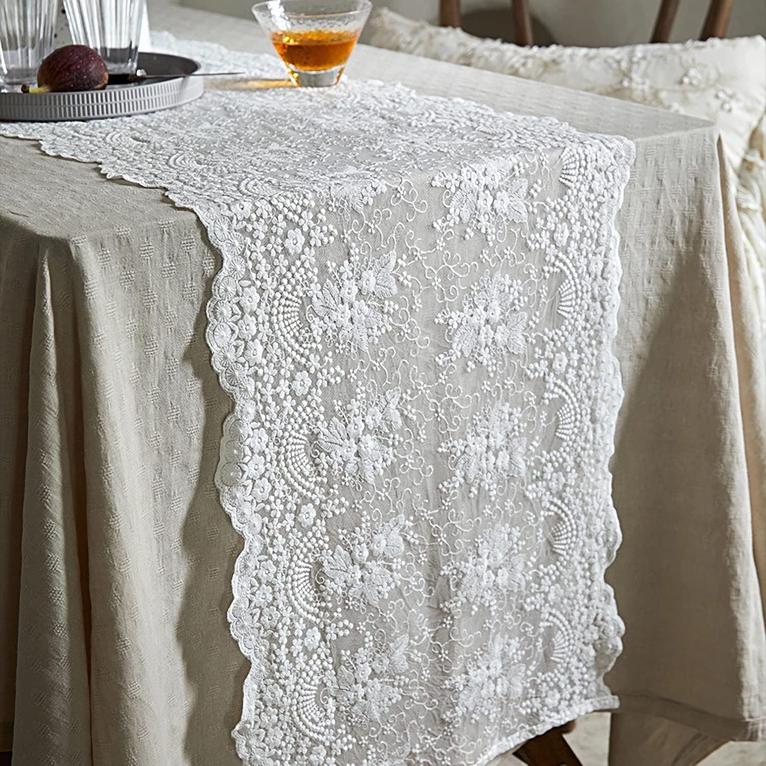 White Lace Table Runner 16x48 Inches Floral Embroidered