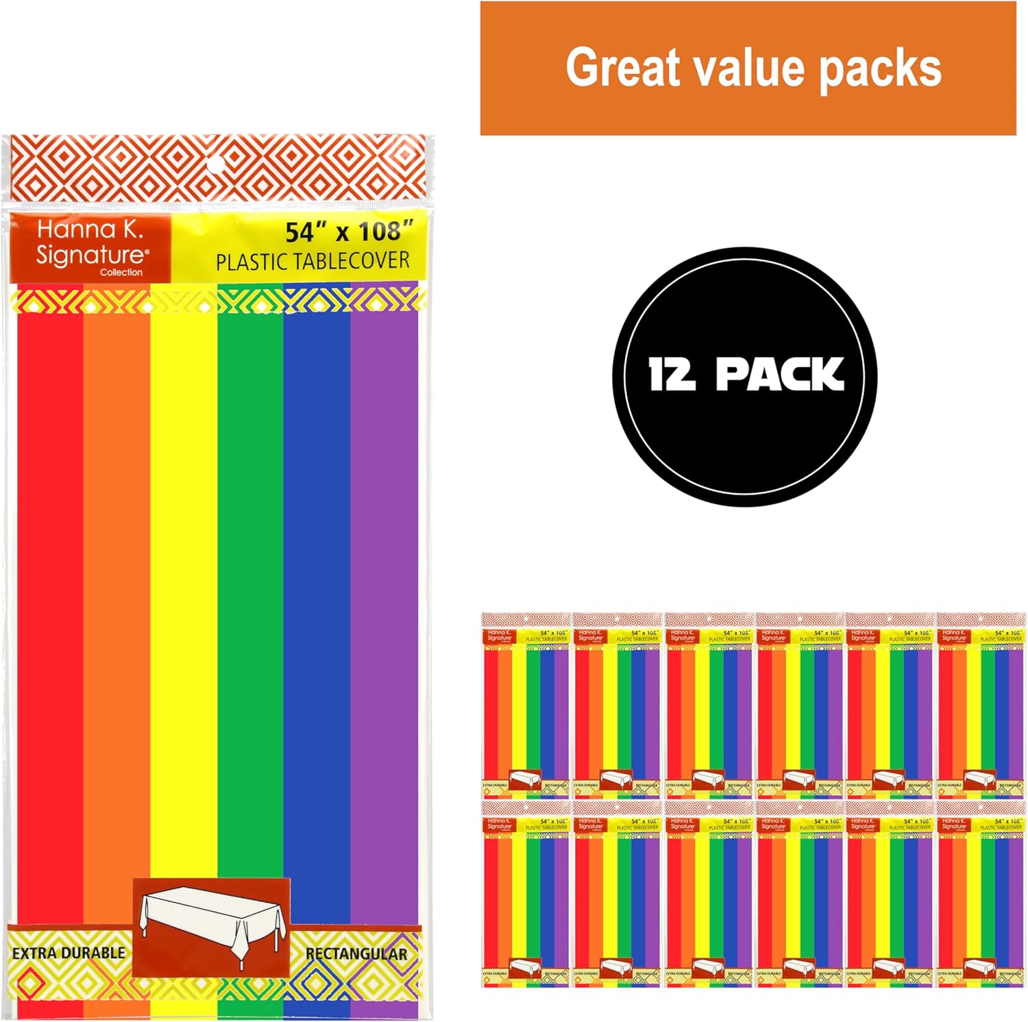 Party Dimensions Carnival Rainbow Disposable Tablecloth for Rectangle Tables 12 Pack