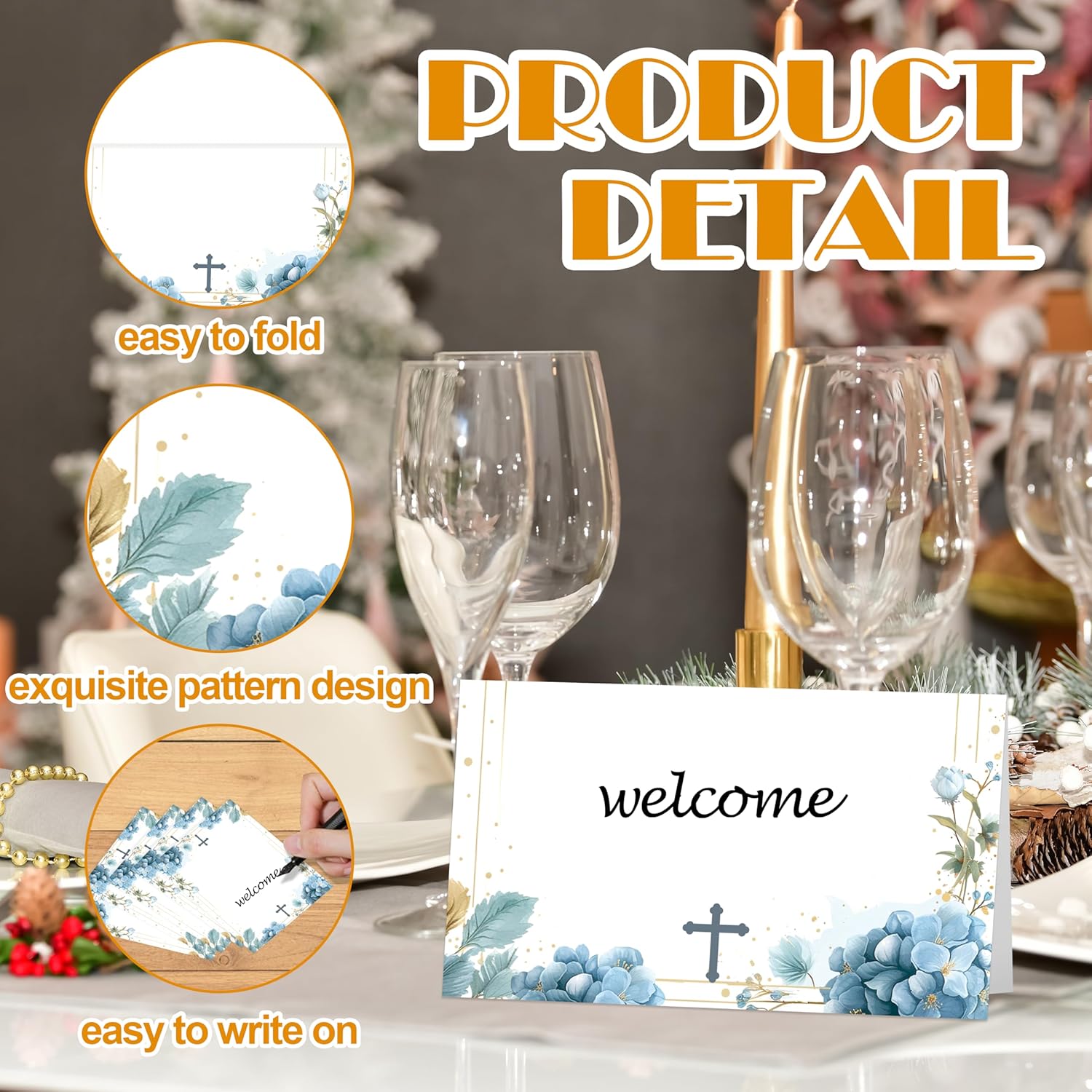 Blue Floral Baptism Place Cards for Boys and Girls