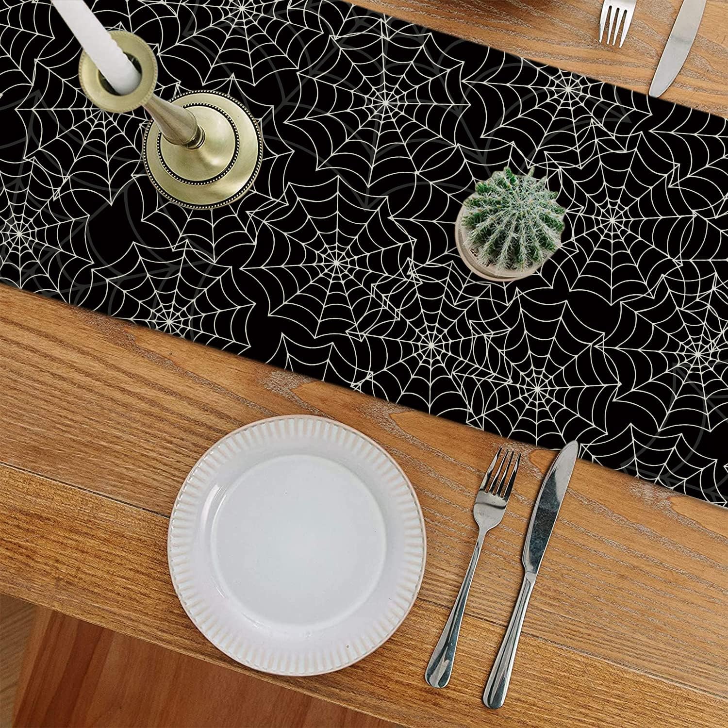 Halloween Table Runner Spider Web Black Linen 13x72 Inch