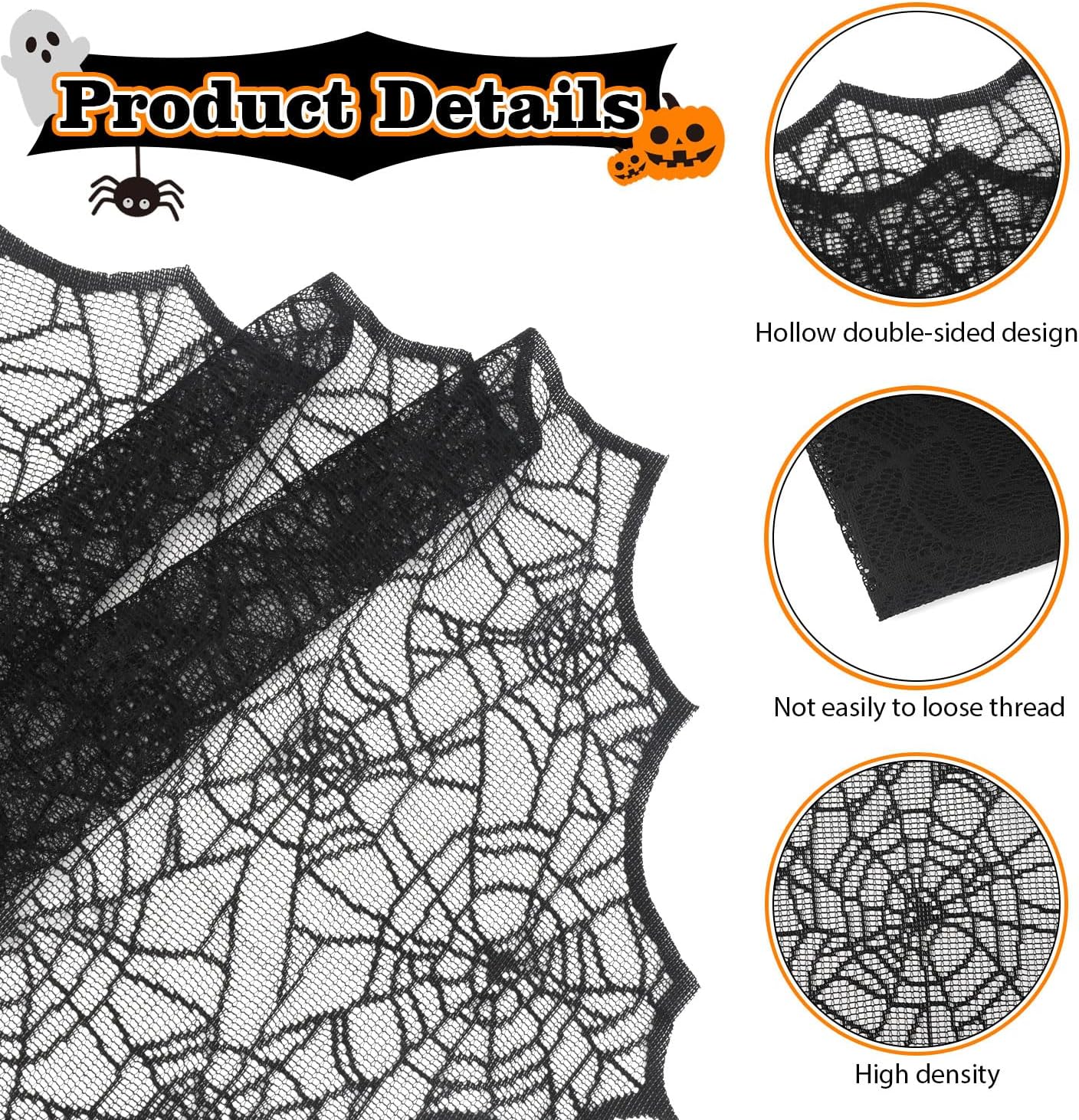 Black Lace Spider Webs Table Runner - 18x72 Inches Halloween Decor