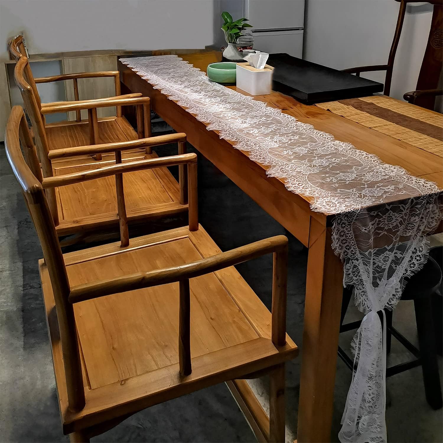 120x14in White Lace Table Runner for Boho Weddings