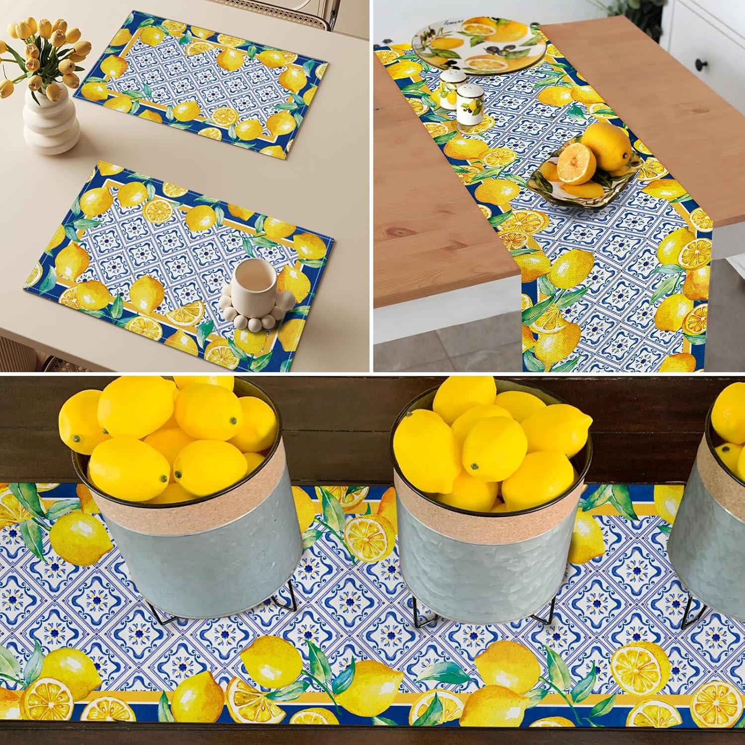 WHOMEAF Capri Blue Lemon Table Runner 13x108 Inch