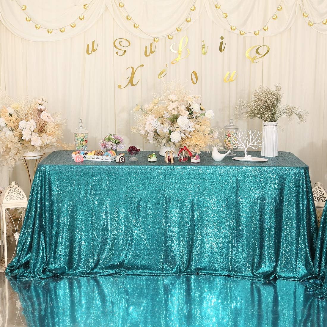 Eternal Beauty Teal Sequin Tablecloth 72x108 inch Sparkly Overlay