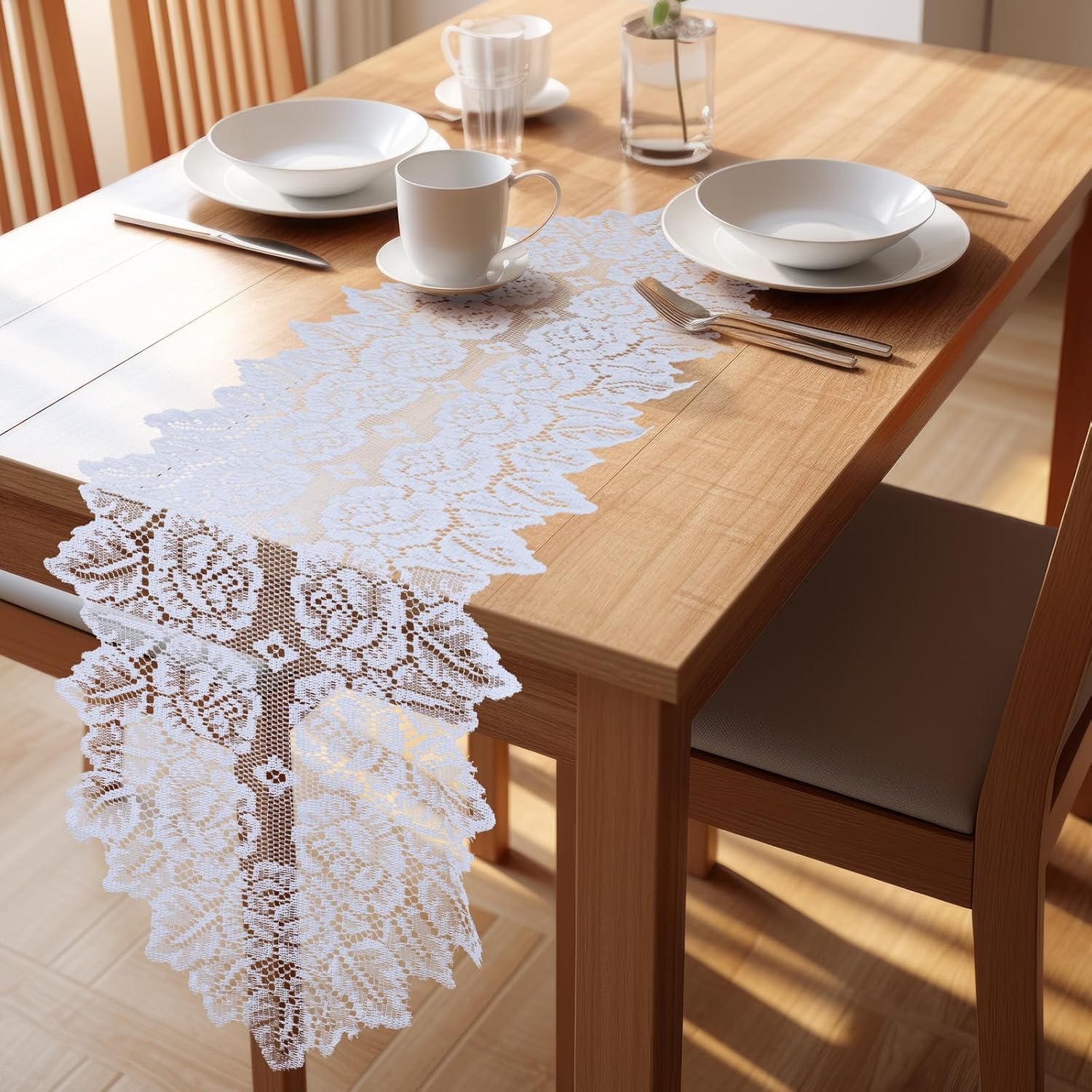 White Boho Table Runner with Lace Design