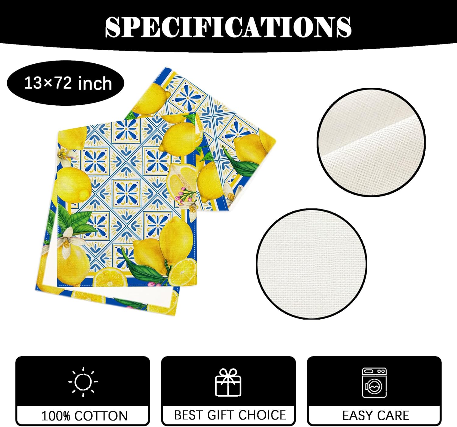 Summer Lemon Table Runner with Blue Tiles Design