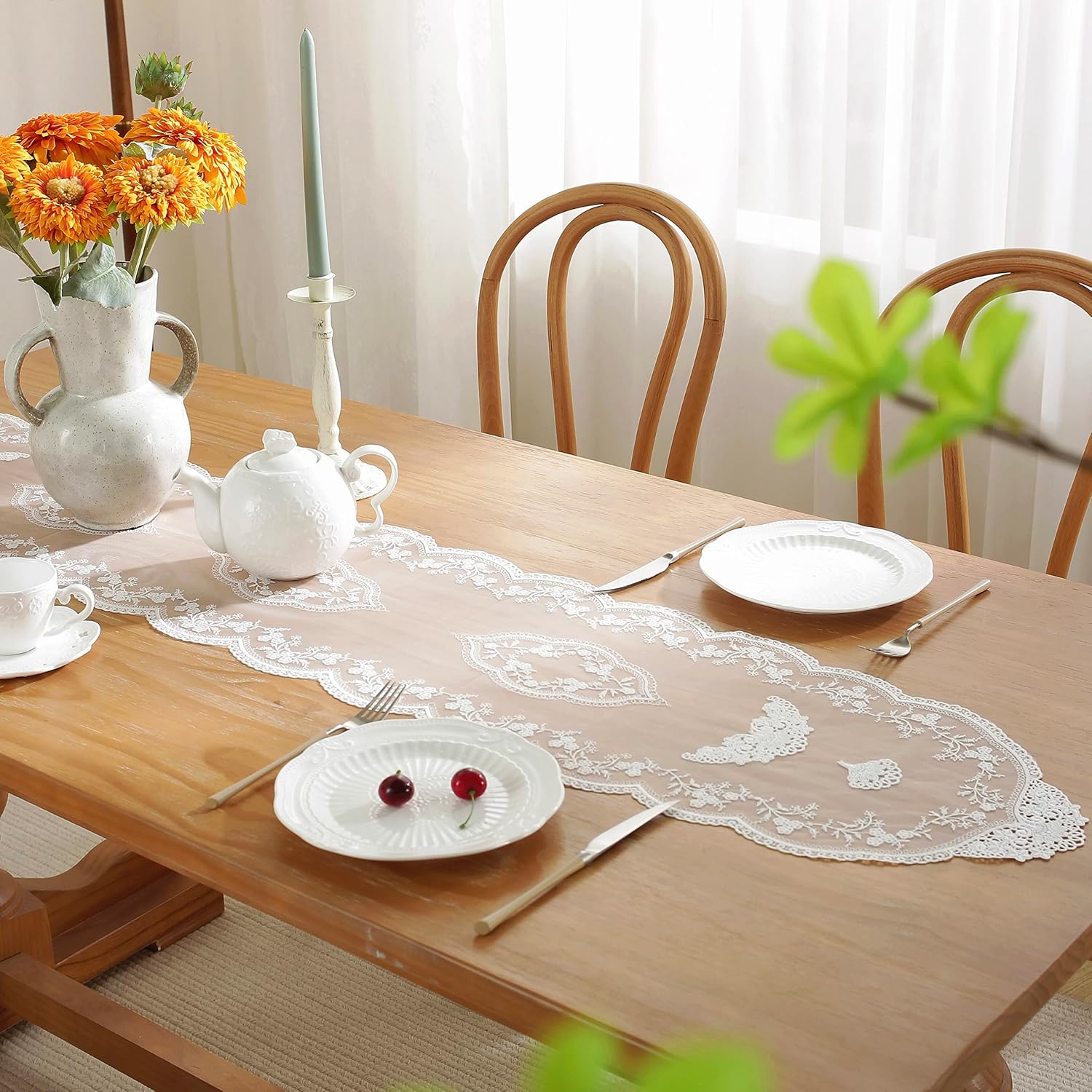 White Lace Table Runner with Flower Embroidery 12x59