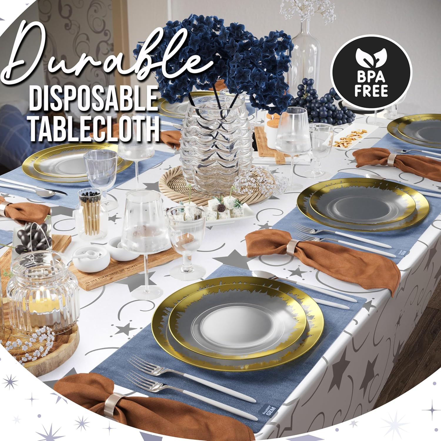 Exquisite Silver Star Tablecloths 12-Pack Disposable