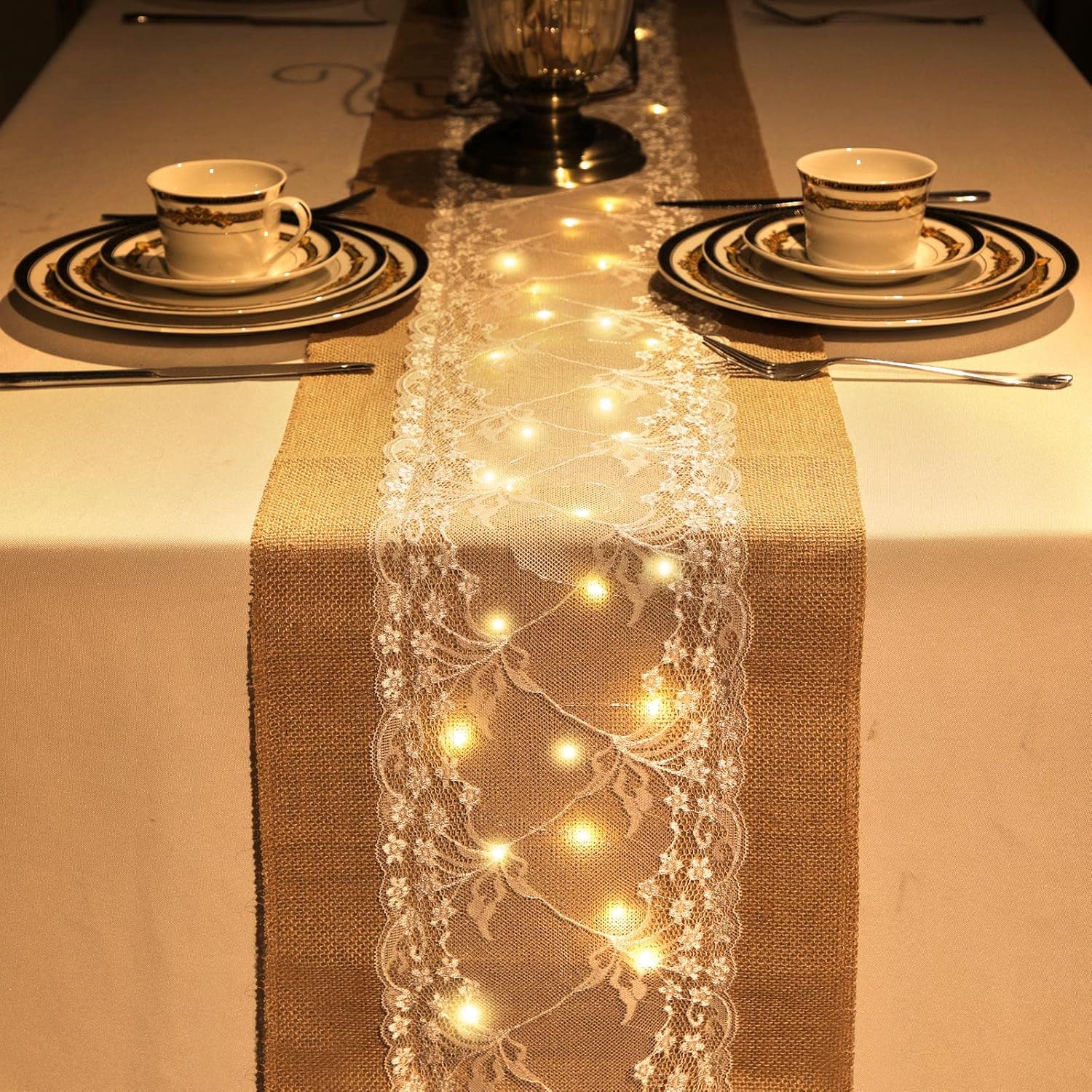 Xinnun 6 Pcs Burlap Table Runner with Lights