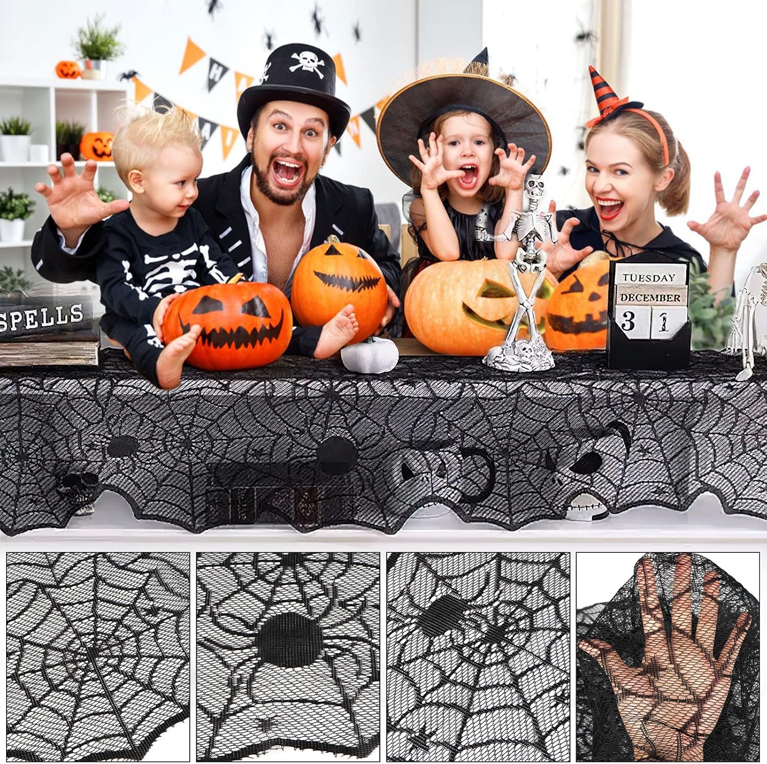 Halloween Table Runner - Black Lace Spider Web for Decor