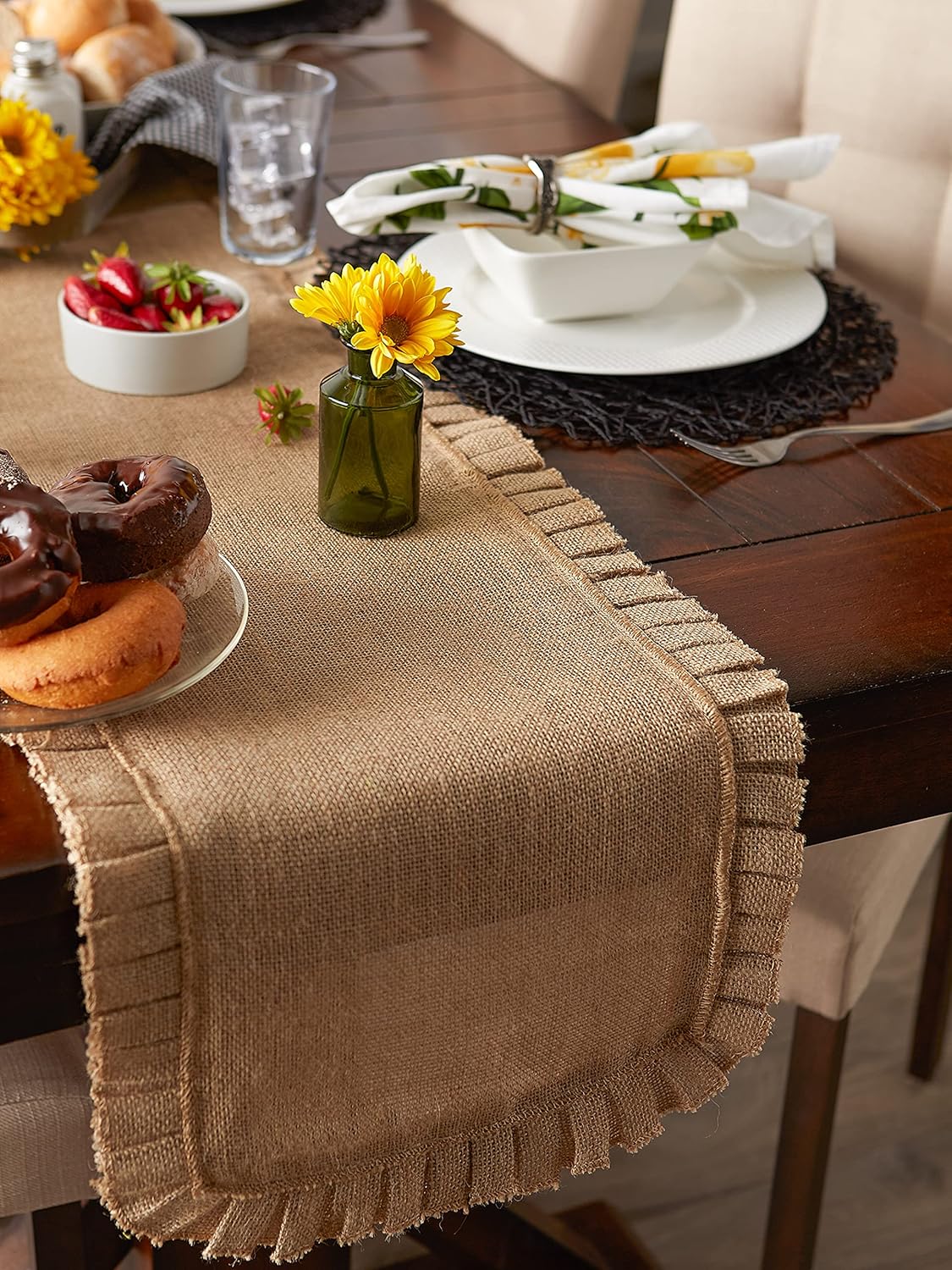 DII Jute Burlap Table Runner 14x108 with Ruffle Trim