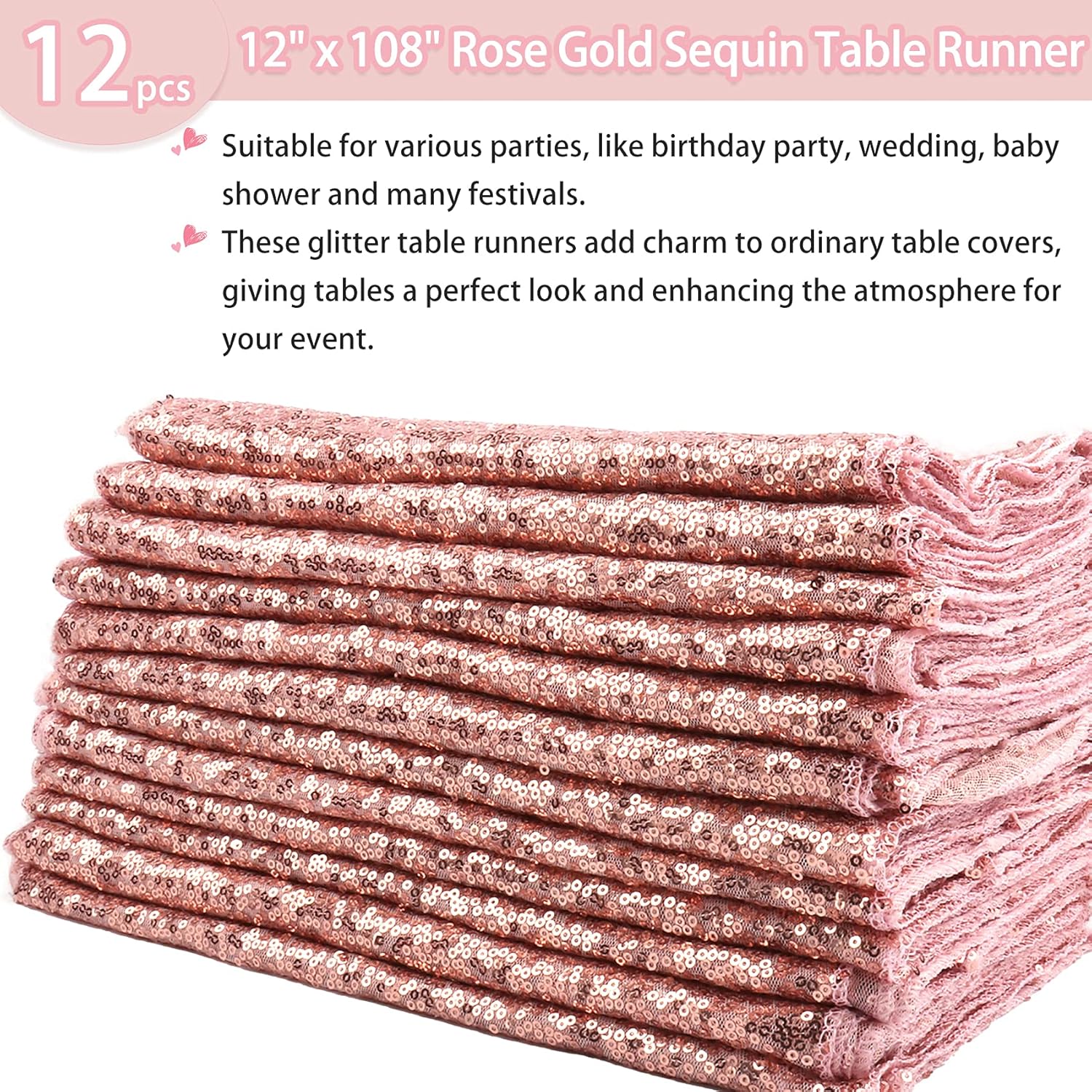 12 Pack Rose Gold Sequin Table Runner 12x108 Inch