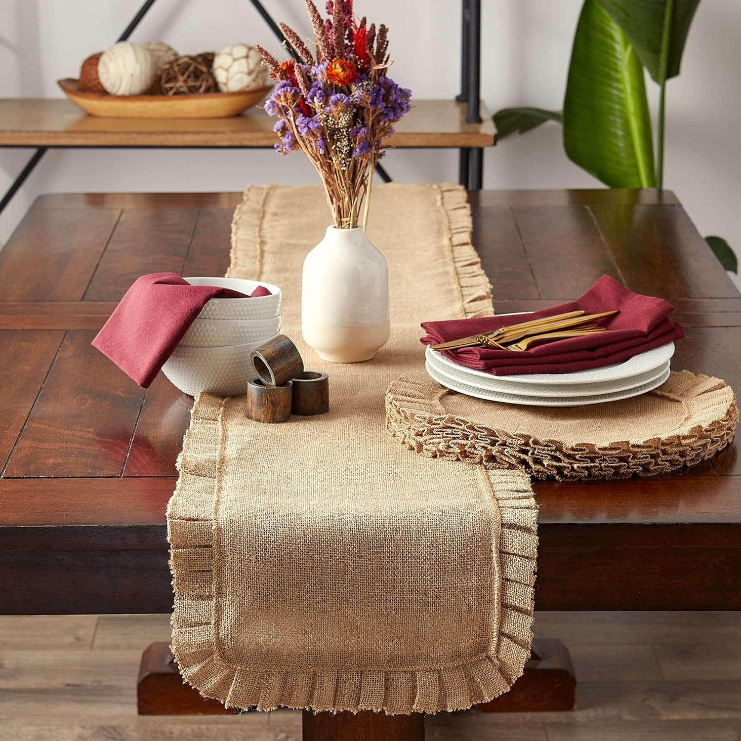 DII Jute Burlap Table Runner 14x108 with Ruffle Trim
