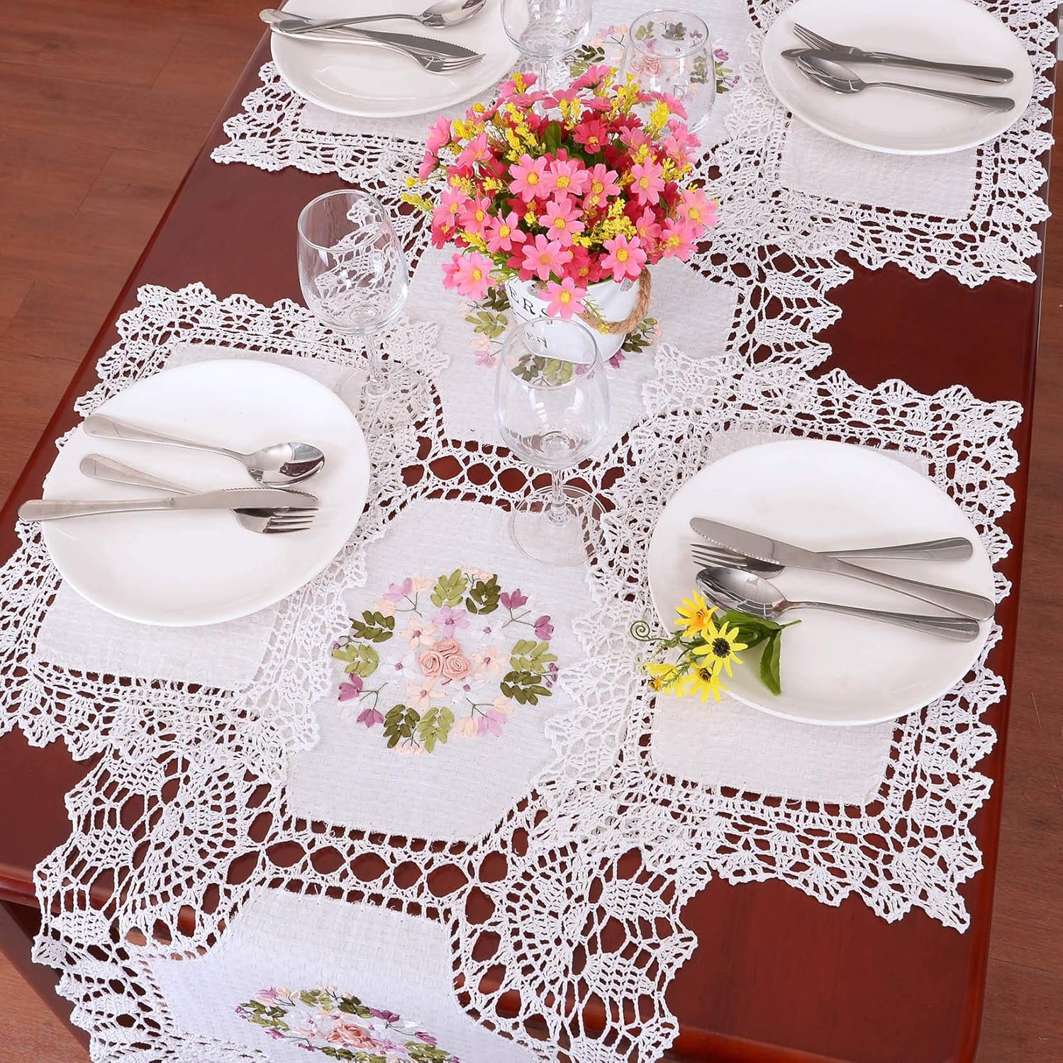 Grelucgo Crochet Table Runner with Ribbon Embroidery 17x72 Inch