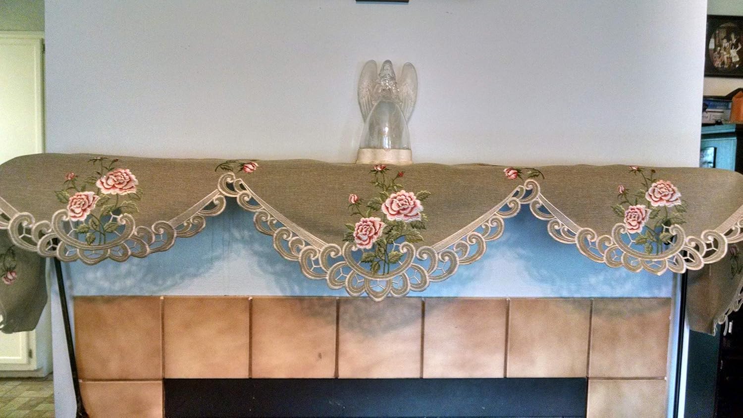 Fireplace Mantel Runner Pink Rose Sage Green Burlap