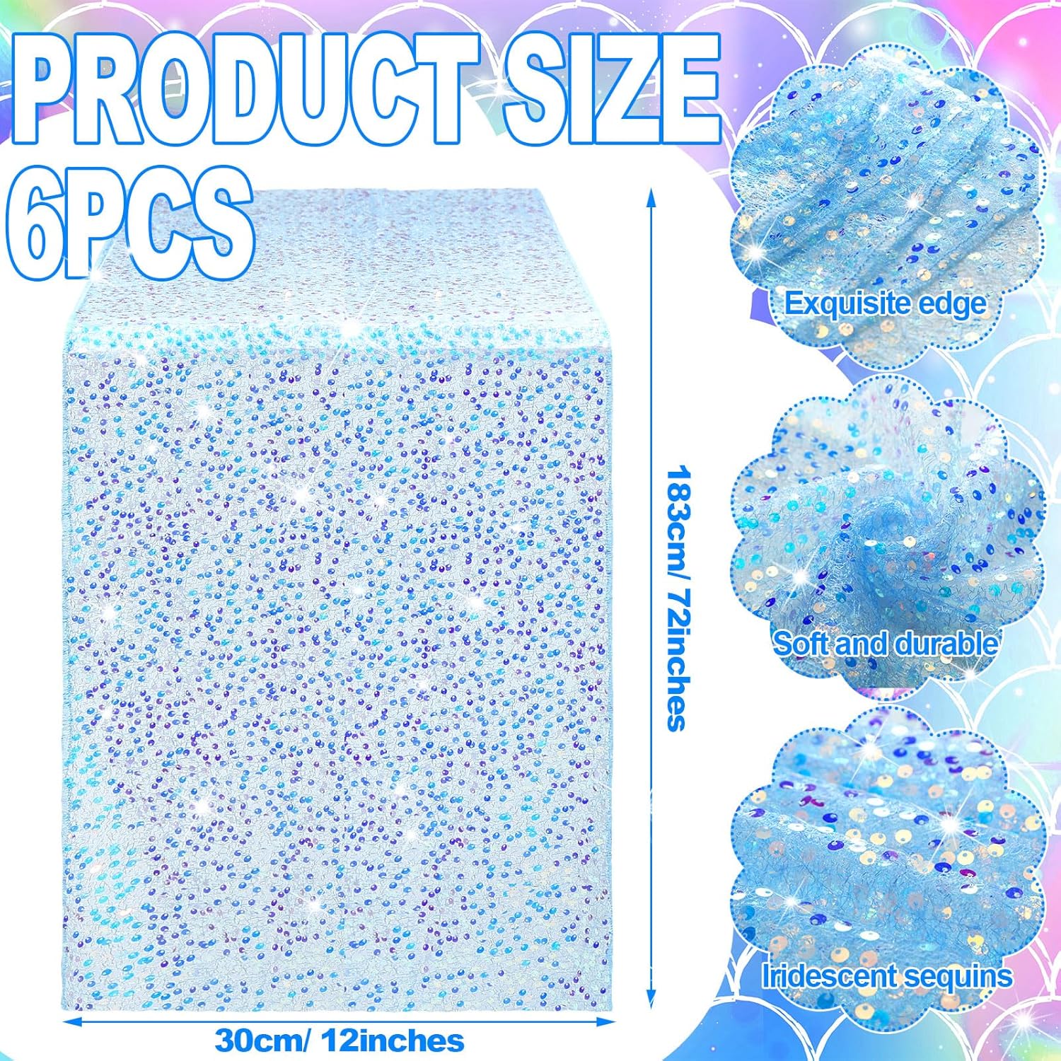 6 Pcs Iridescent Sequin Table Runner Blue 12x72 Inch