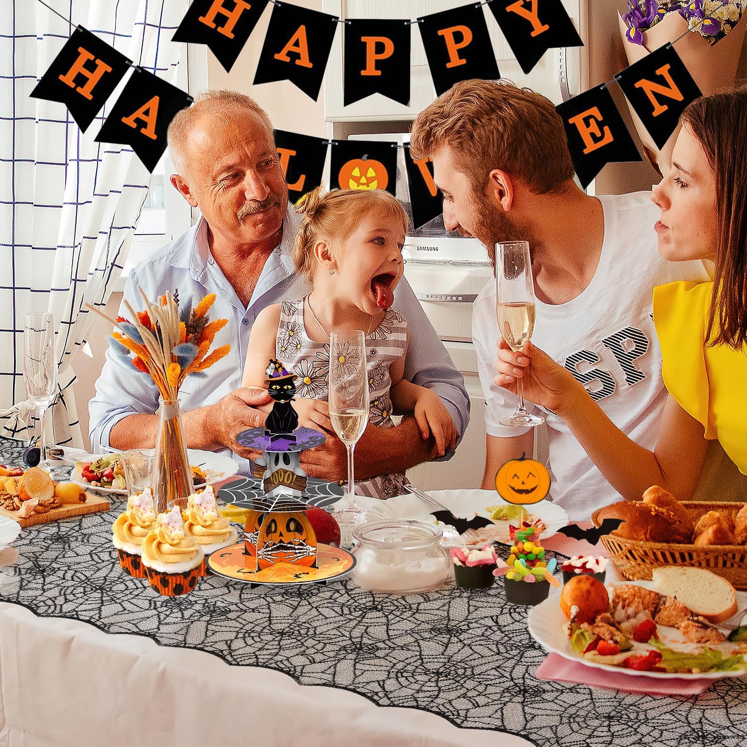 Halloween Table Runner 72 Inch Black Lace Spider Web