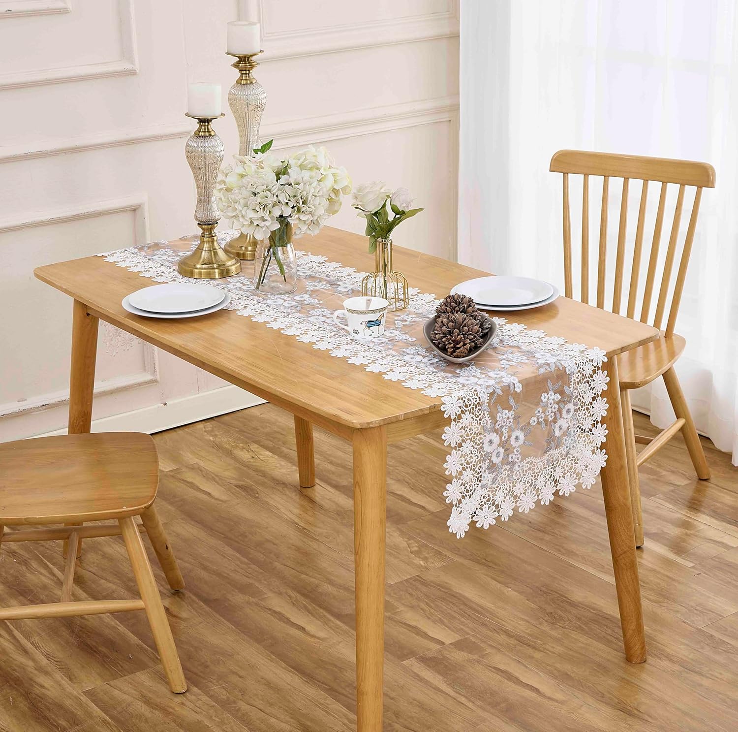 White Floral Lace Table Runner 72 Inches for Kitchen Wedding Party