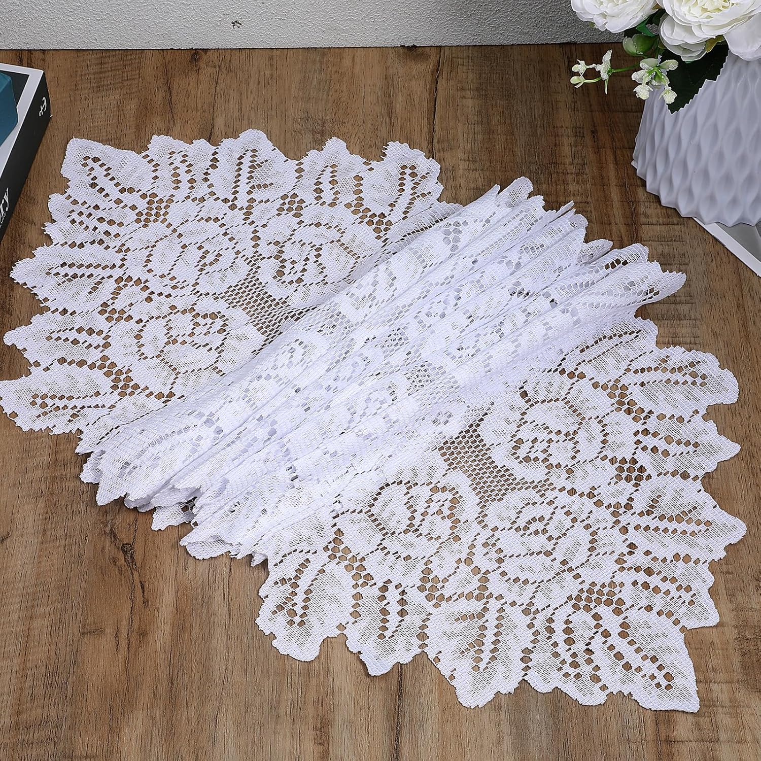 White Boho Table Runner with Lace Design