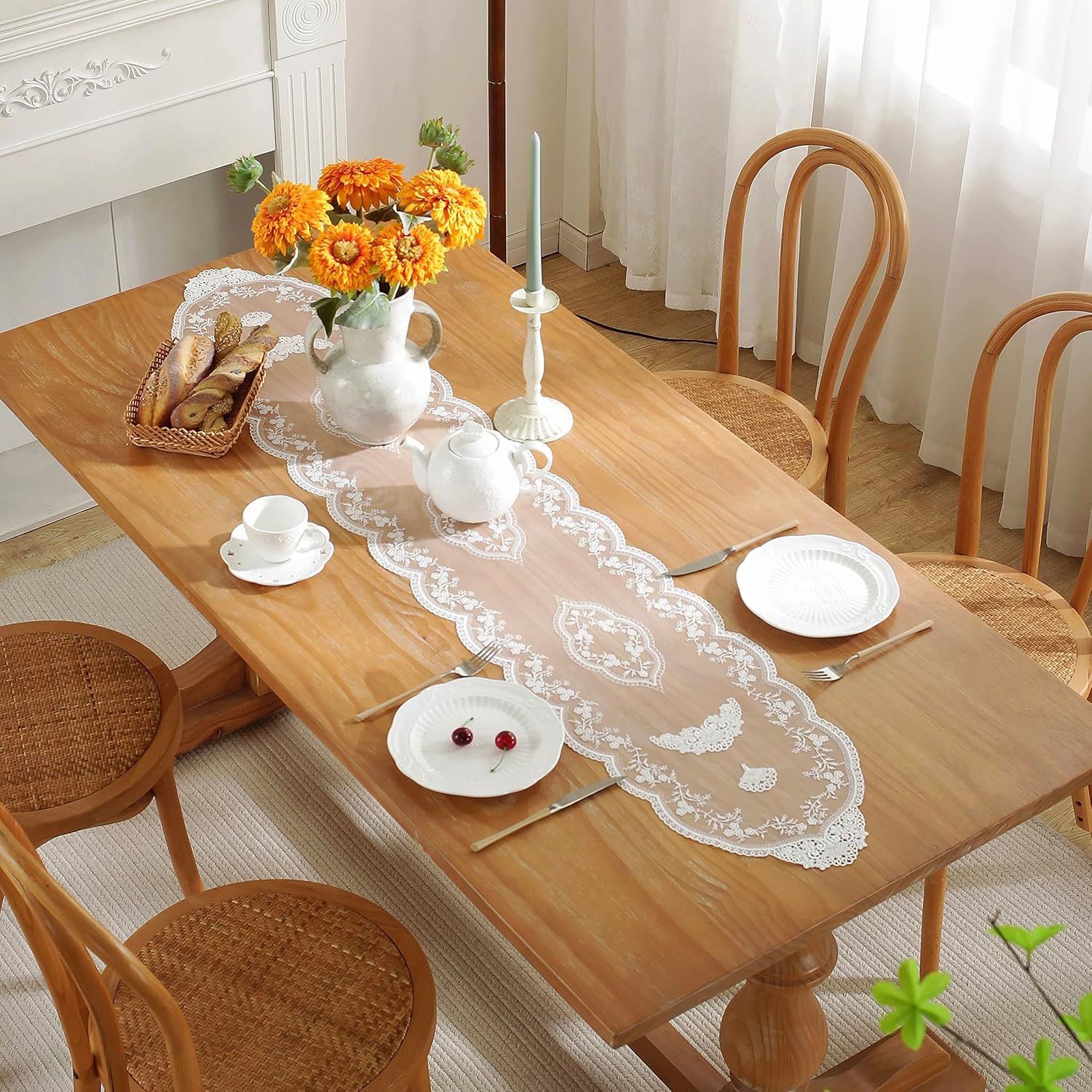 White Lace Table Runner with Flower Embroidery 12x59