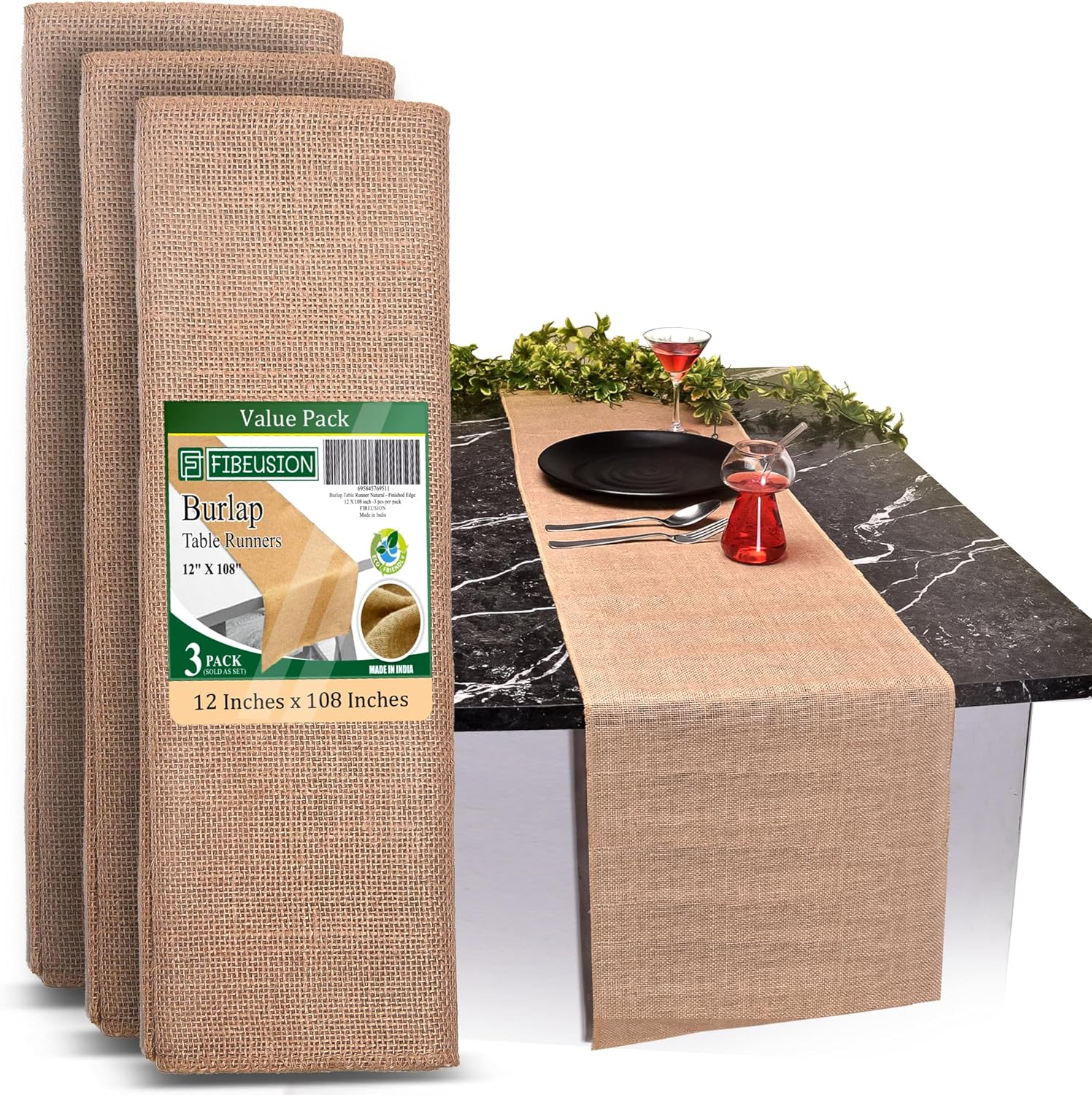 FIBEUSION Burlap Table Runners Pack of 3 12x108