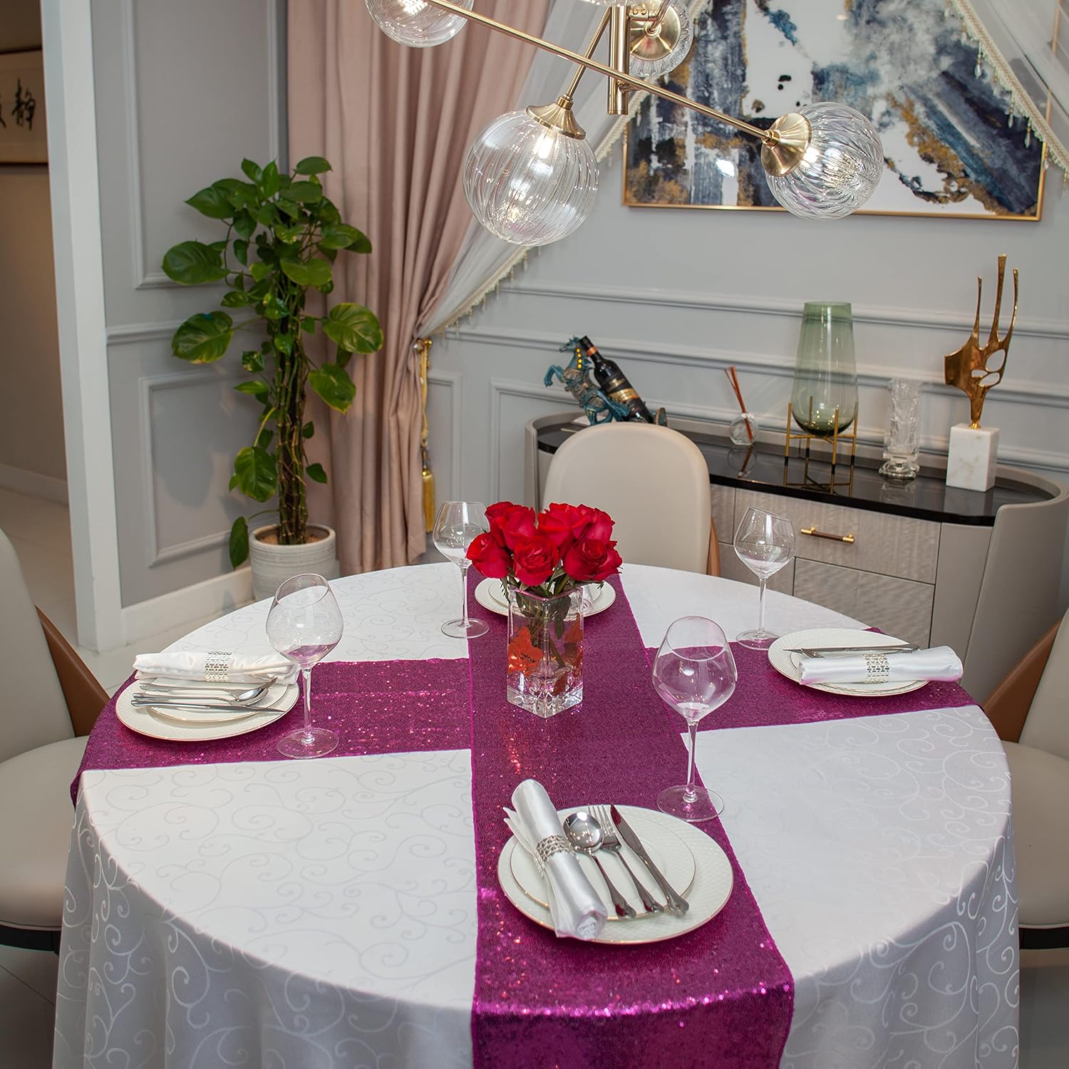 Charoama Fushia Sequin Table Runner 12x72 Inch