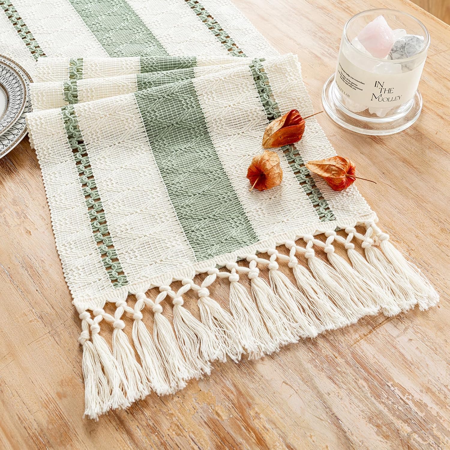 Fancy Homi Sage Green Macrame Table Runner 48 Inches