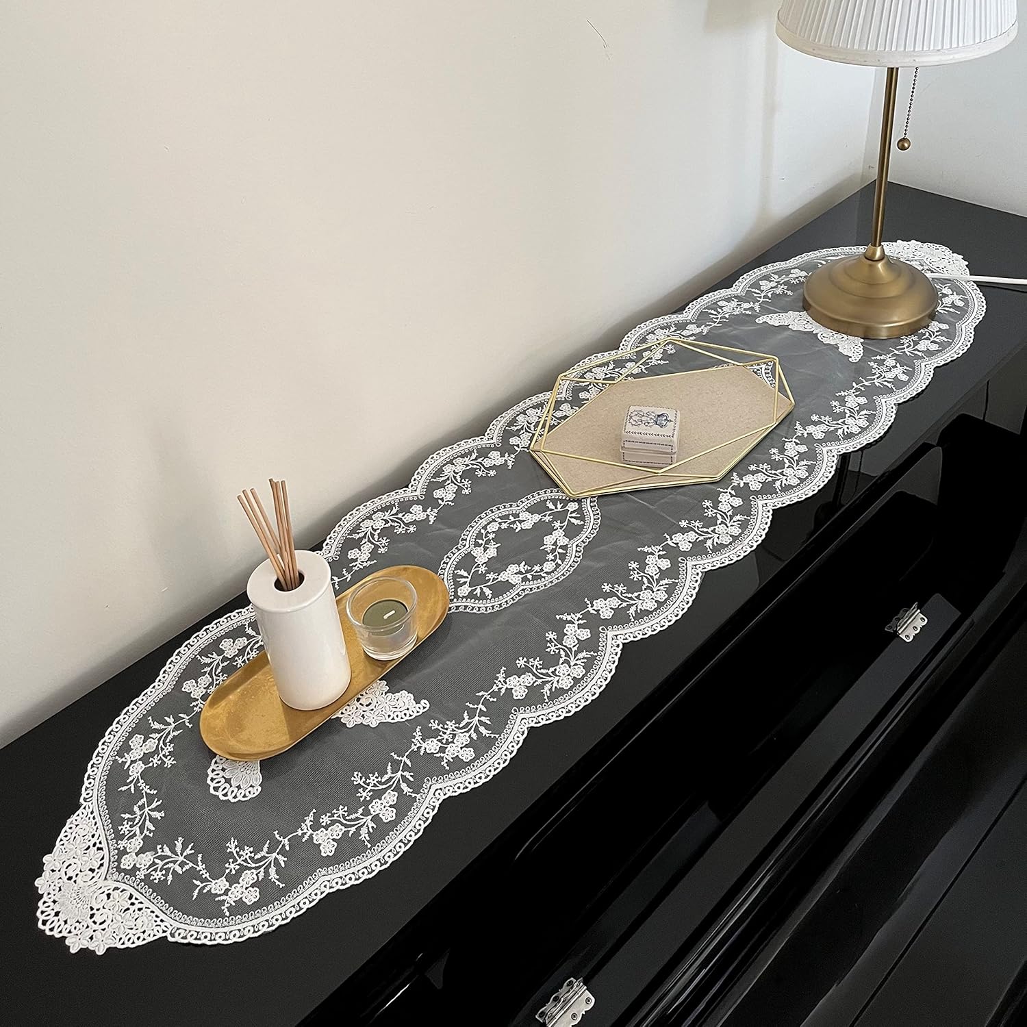 White Lace Table Runner with Flower Embroidery 12x59