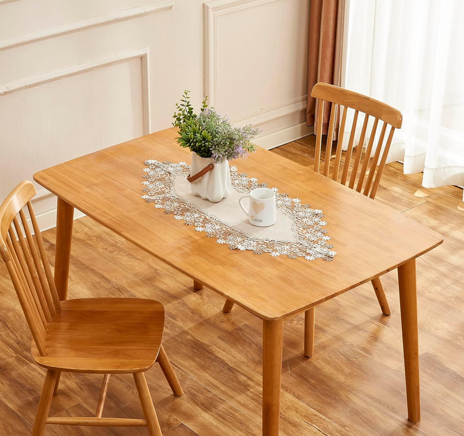 Natural Neutral Earth Tones Beige Floral Lace Table Runner 36 Inches Long