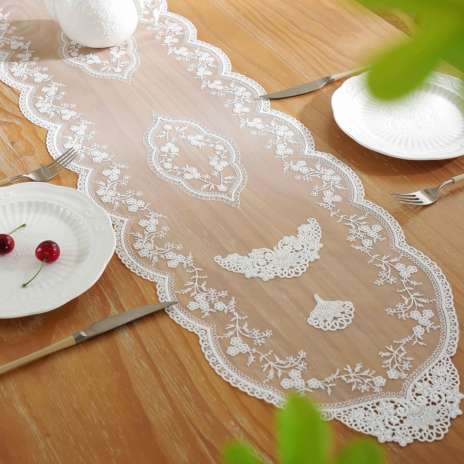 White Lace Table Runner with Flower Embroidery 12x59