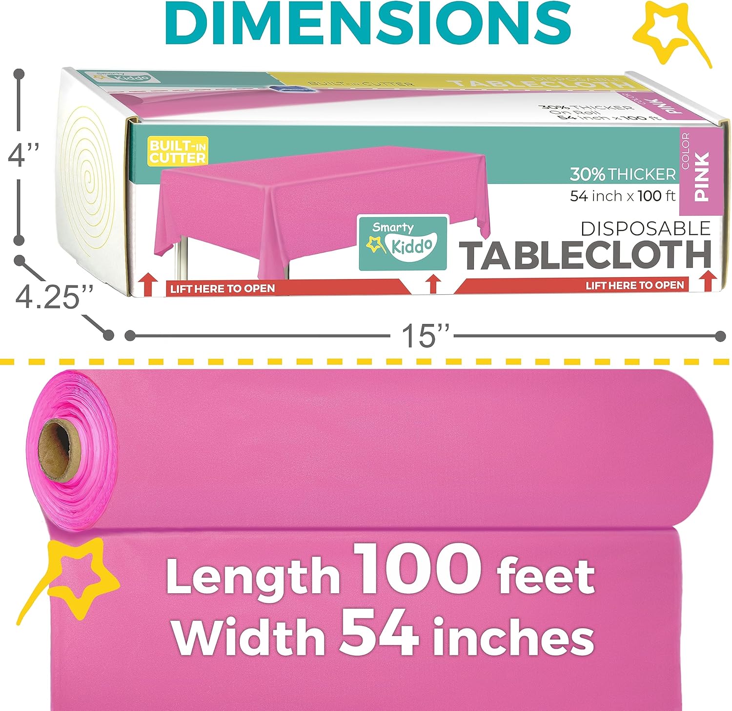 54in X 100ft Pink Plastic Tablecloth Roll with Built-In Cutter