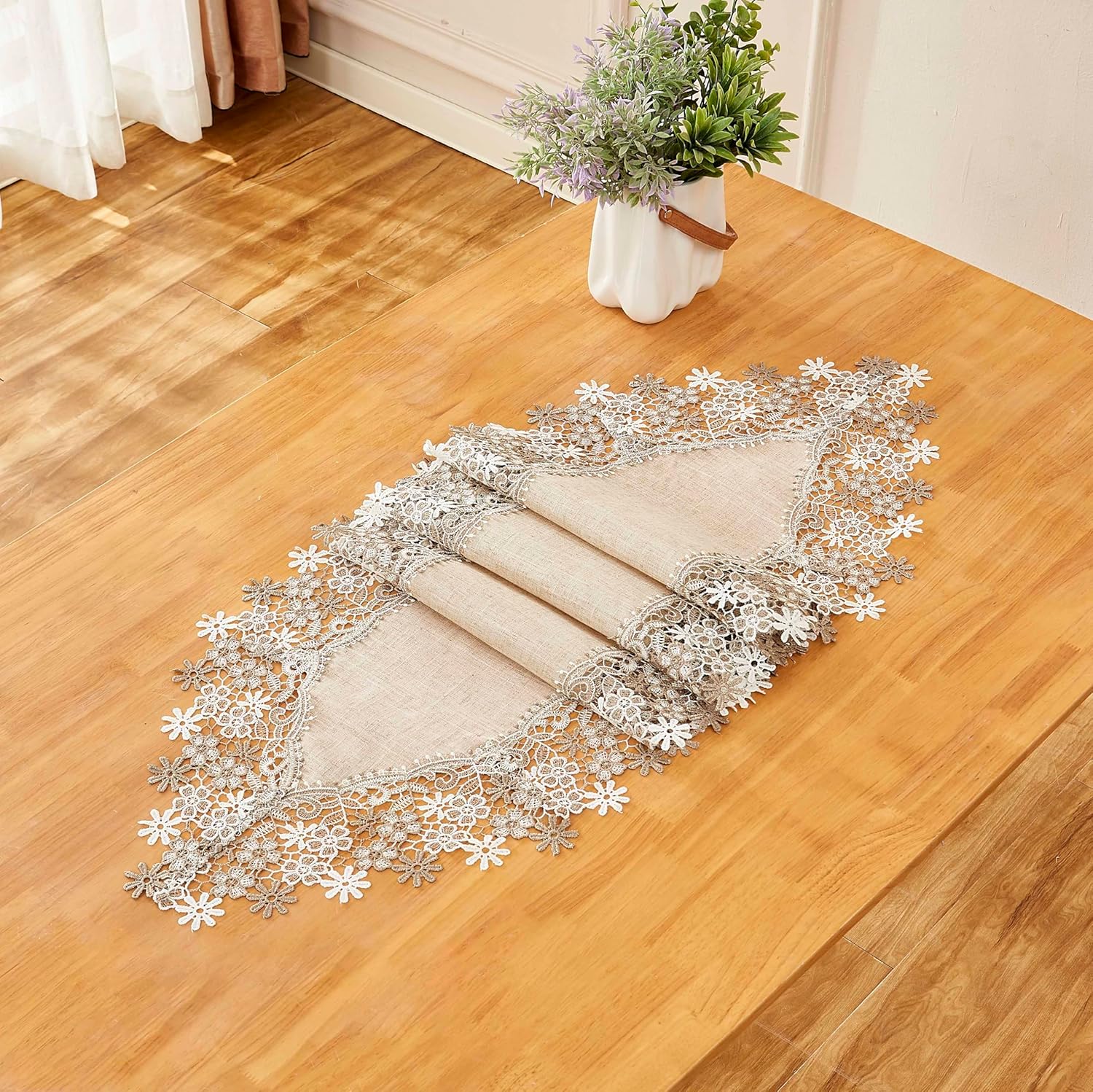 Natural Neutral Earth Tones Beige Floral Lace Table Runner 36 Inches Long