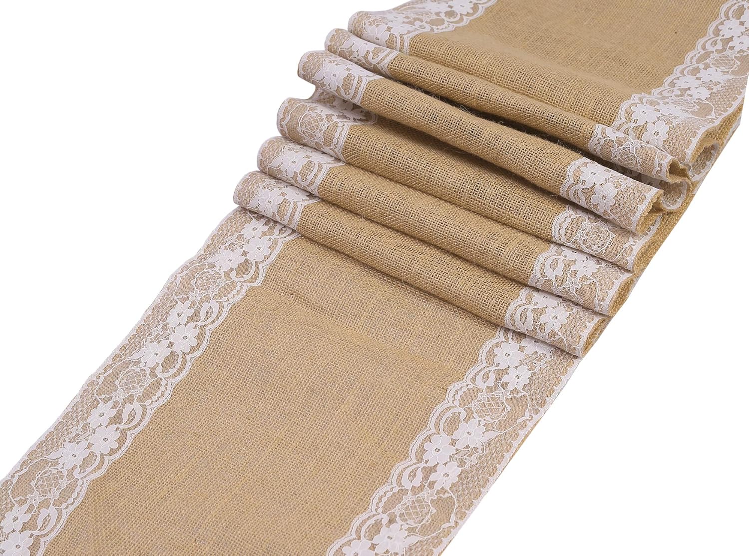 MDS 5 Piece Natural Burlap Table Runners with White Lace
