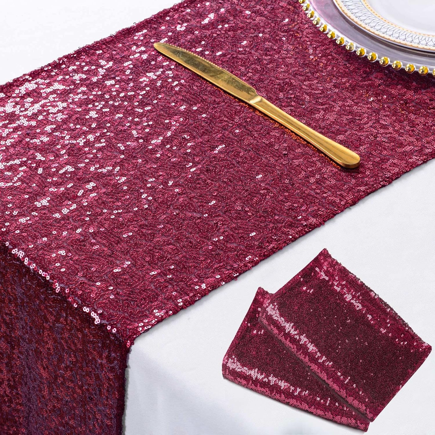 ShinyBeauty Burgundy Sequin Table Runners 2 Pack