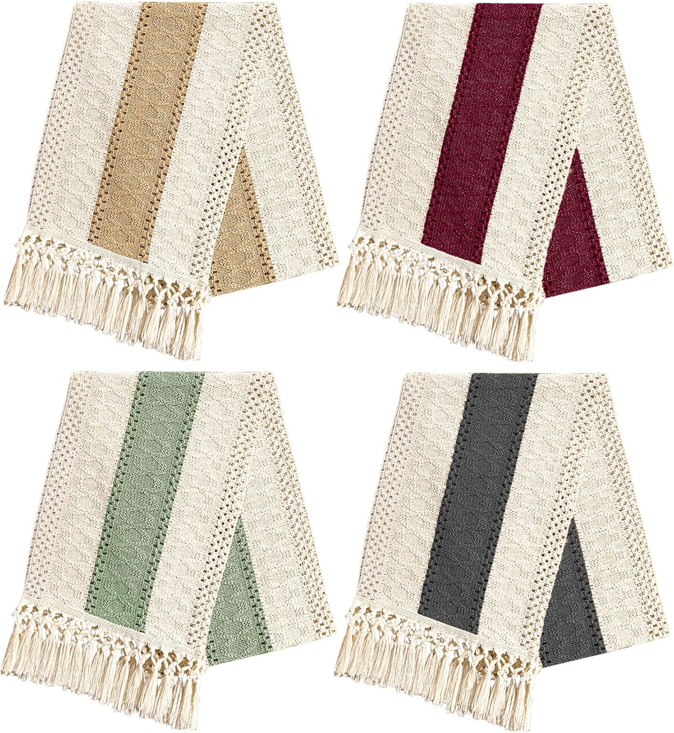4 Piece Boho Table Runner with Tassels Rustic Farmhouse Decor