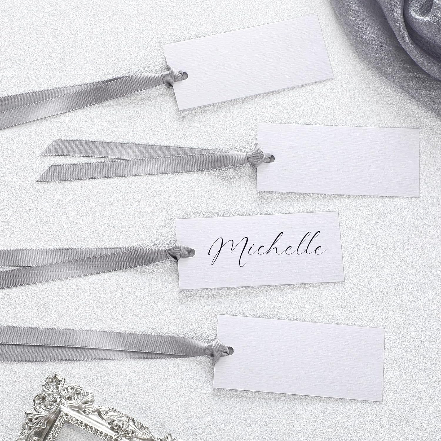 50 Pcs Silver Place Cards with Sateen Ribbon