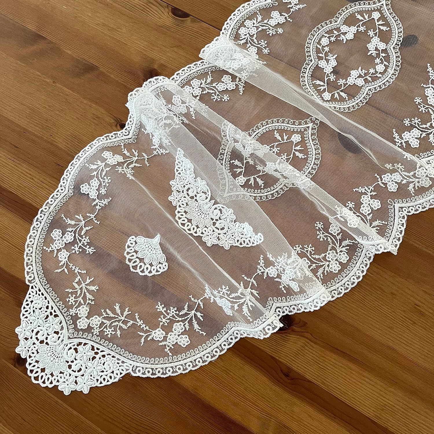 White Lace Table Runner with Flower Embroidery 12x59