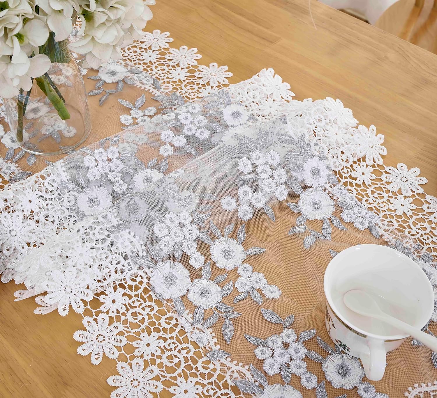 White Floral Lace Table Runner 72 Inches for Kitchen Wedding Party