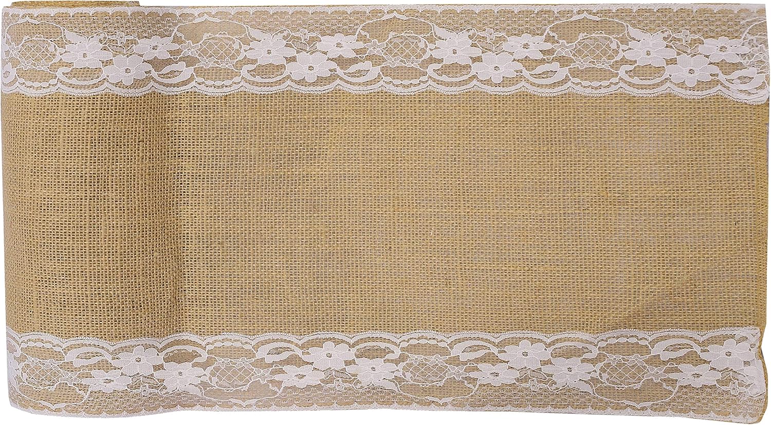 MDS 5 Piece Natural Burlap Table Runners with White Lace