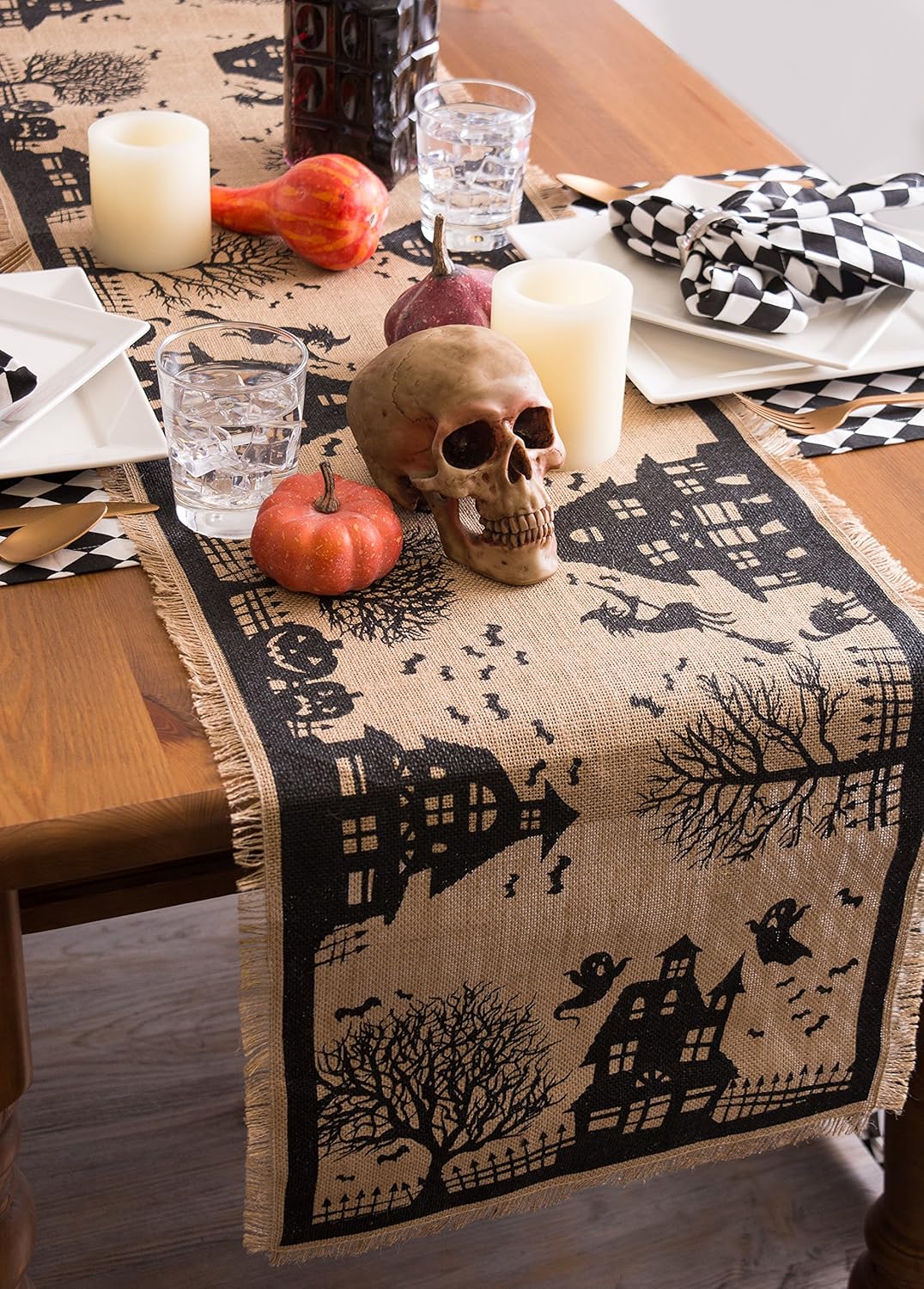DII Halloween Burlap Table Runner 14x74 Black Tan