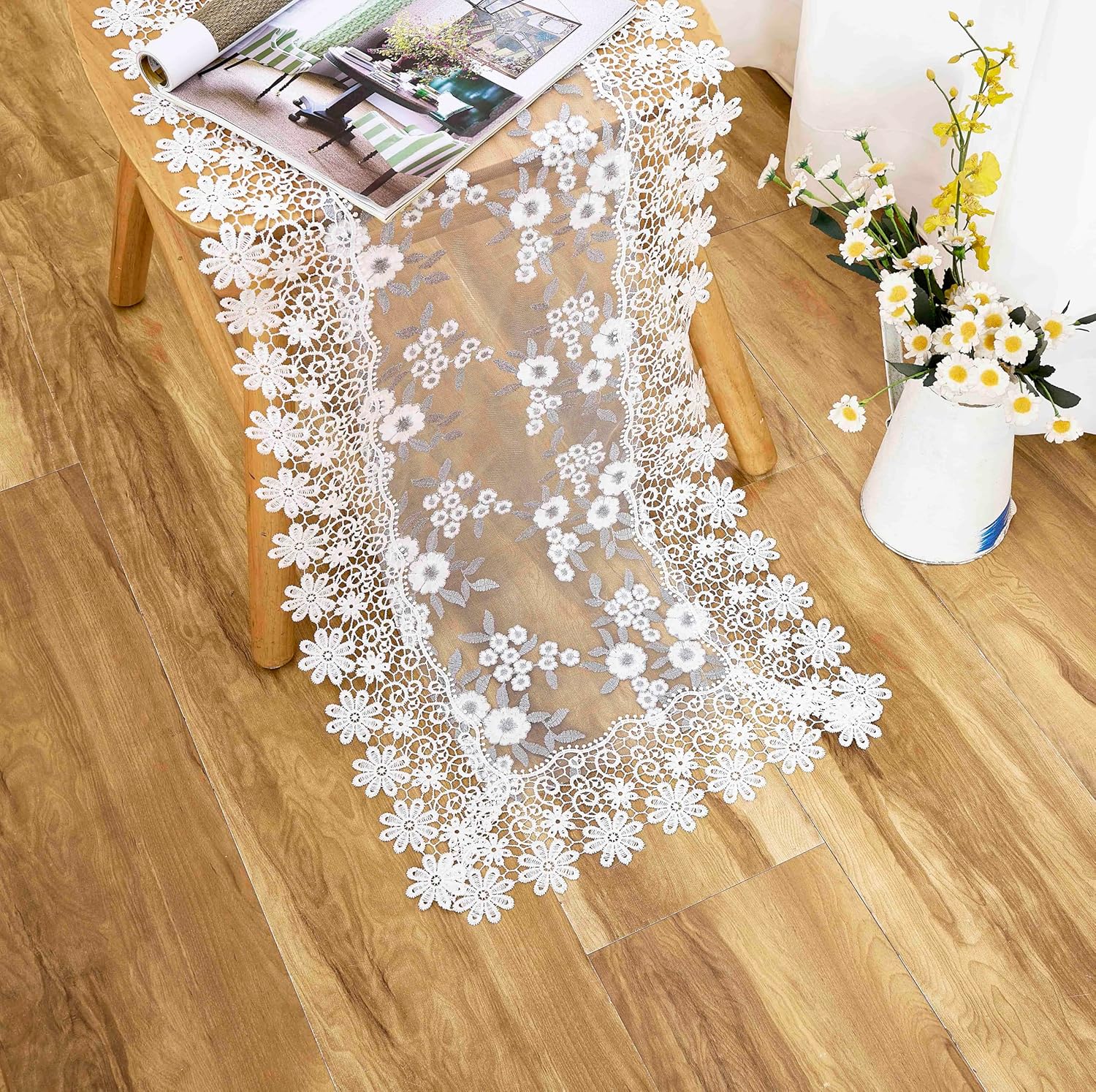 White Floral Lace Table Runner 72 Inches for Kitchen Wedding Party