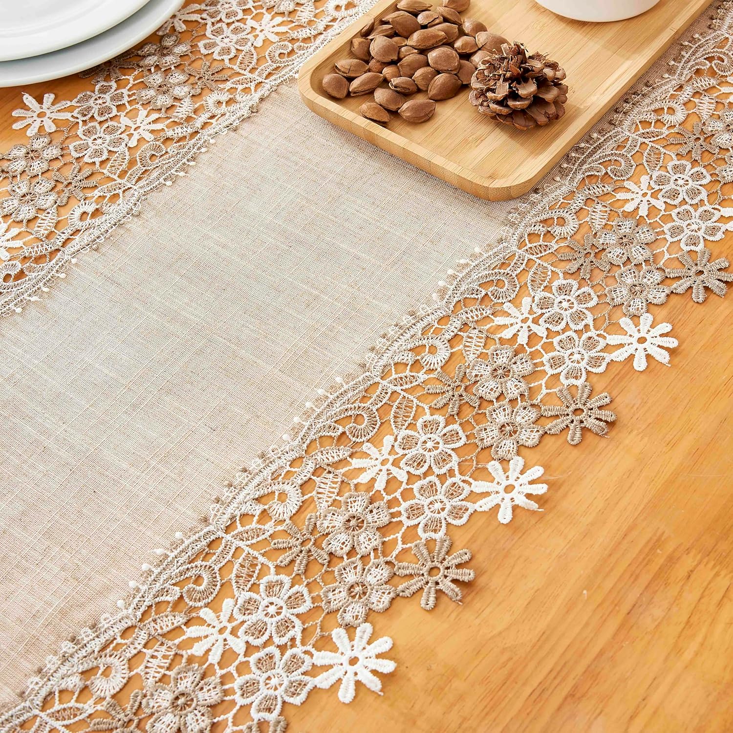 Natural Neutral Earth Tones Beige Floral Lace Table Runner 36 Inches Long